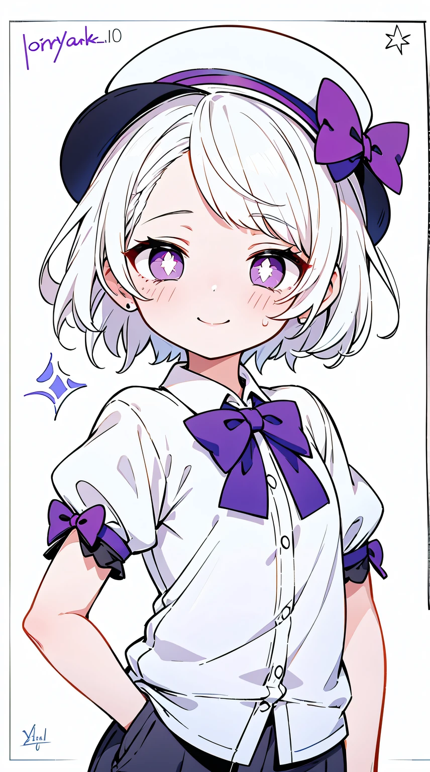 1 girl, Alone,natta,Hands in your pockets,Fedora,white shirt,white pantie,black leather belt),(((White hair with pink highlights,short detailed hair,Half bangs,Wearing a purple bow on the head))),Perfect big watery eyes, character design,((Pupils in pink color)),cute anime face, kawaii , stylized anime, Anime cute art style, 详细的脸,8K,k hd,little shy smile,Blushing with joy,Neat face, (tmasterpiece,Best quality at best,),{{{line art,flatcolors}}}