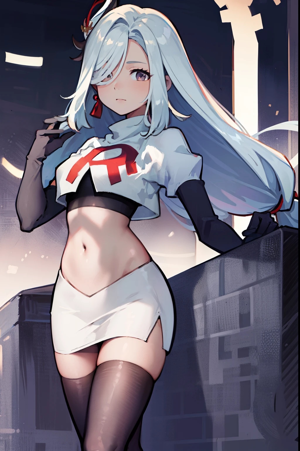 masterpiece, best quality, shenhe \(genshin impact\),hair over one eye, grey eyes, long hair, 1girl, solo, earrings, hair ornament, team rocket,team rocket uniform, red letter R, white skirt,white crop top,black thigh-highs,black elbow gloves