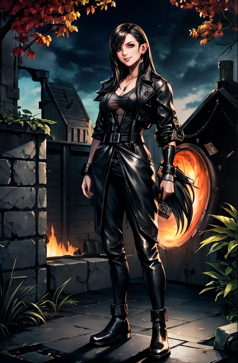 Tifa Lockhart, 1girl, solo, front face, looking at viewer, red eyes, slender body, medium breasts, cleavage, black coat, black tunic, black pants, black boot, leather outfit, grin