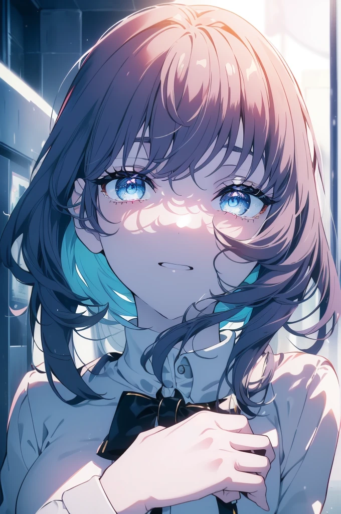 (ultra anime), (shape), (High resolution), (8k), (very detailed), (Best shape), (thin and beautiful eyes), (highest quality), (Super detailed), (masterpiece), (wallpaper), (detailed face), alone, (dynamic pose), one girl, white wavy hair, naked, topless, iris colored eyes, small breasts, black background