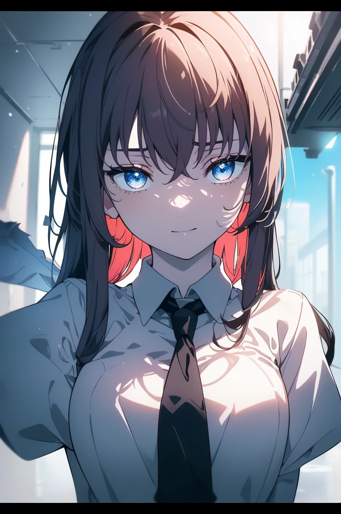 (masterpiece, best qualtiy, 超A high resolution), 1girl in, Standing, School uniform, white office shirt, Black pleated skirt, ((Light brown, Light brown hair:0.7), Long haircut, pale skin, ((blue Eyes)), blazing_Eyes, neon Eyes, (ultra detailed Eyes, beautiful and detailed face, detailed Eyes), ((Centered)), Smile, ((Wide Shot)), face to the viewer, Eye level, (blurry Background, bright snowy Background, Winters), flat-chest, Looking at Viewer, ((half closed Eyes)), ((Perfect hands)), (((Head, missiles, lower back, Elbows, In view))), ((hands behind back)), empty Eyes, Beautiful lighting, Outside, Outdoors, Background, defined subject, 25 years old,
