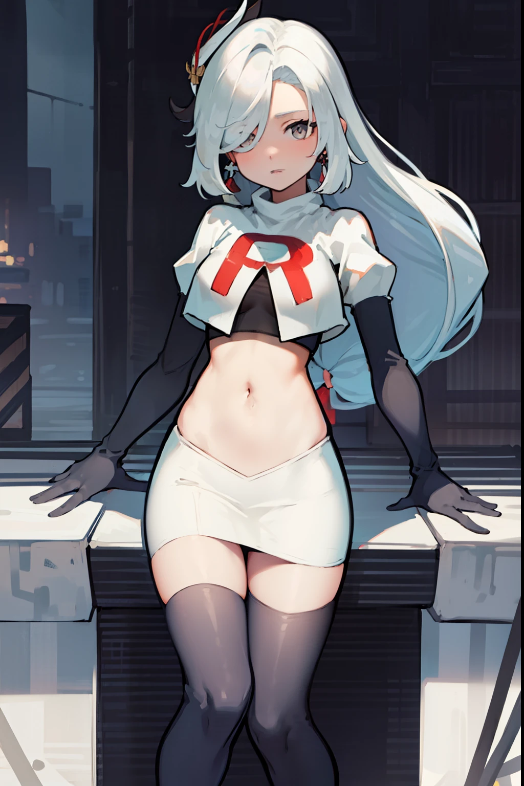 masterpiece, best quality, shenhe \(genshin impact\),hair over one eye, grey eyes, long hair, 1girl, solo, earrings, hair ornament, team rocket,team rocket uniform, red letter R, white skirt,white crop top,black thigh-highs,black elbow gloves