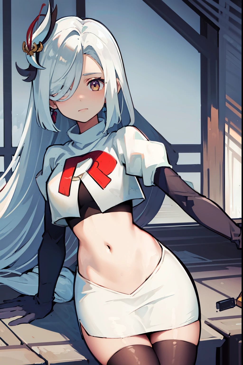 masterpiece, best quality, shenhe \(genshin impact\),hair over one eye, grey eyes, long hair, 1girl, solo, earrings, hair ornament, team rocket,team rocket uniform, red letter R, white skirt,white crop top,black thigh-highs,black elbow gloves