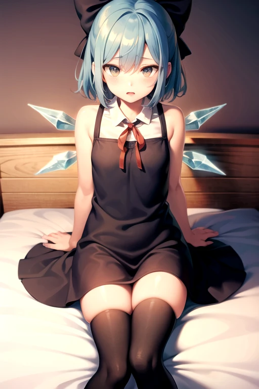 masterpiece,high quality, Beauty,A girl in a tight nurse costume stands in her room, big hips, , Long legs, Short skirt, girl lies on the bed with her legs spread to the side