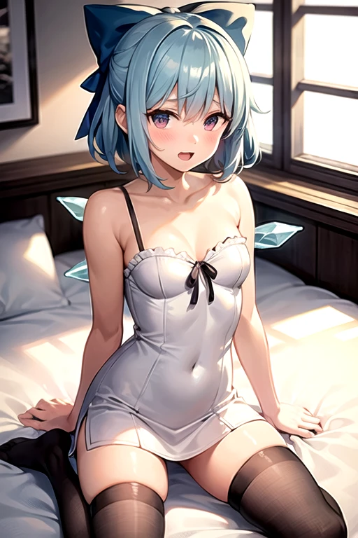 Cirno,bed,thighhighs,shy,ablush,orgasmic,((Best quality at best)), ((tmasterpiece)),