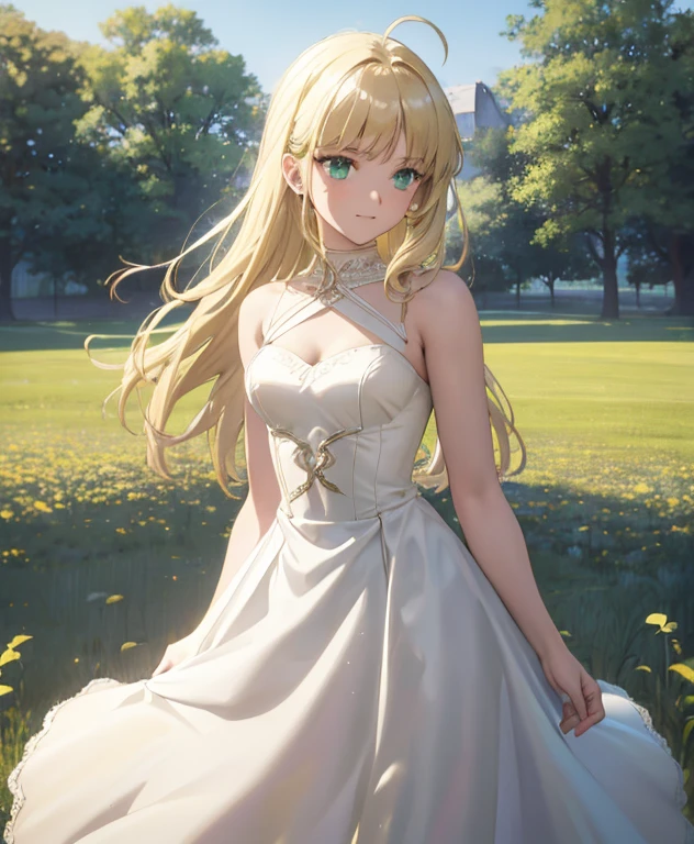 (巨作:1.2), (Best quality:1.2), 1girll, (Single person:1.2)，Cowboy shot, Upper body body，(Cinematic light:1.2)，(Perfect Hand 1.5)， Slender beautiful legs，Golden hair，short detailed hair，Wear white flowers on your head，Playful，Hide hands，(Prairie under the stars:1.2)，lumnious_Genshin_impact,