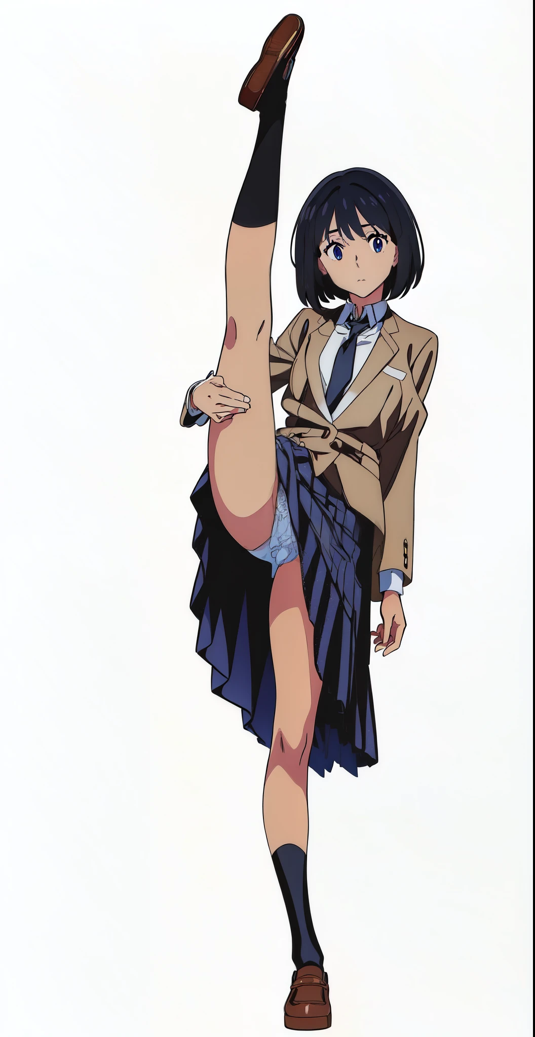 (best quality:2.0), (detailed beautiful eyes:2.0), (detailed beautiful face:2.0), (glowing black eyes:1.5), (best quality:2.0), (loafers:1.0), (white cotton panties:1.0), (white background:1.0), (anime:2.0), (official art:2.0), (best quality:2.0), (masterpiece:1.0), (full body:1.0), (solo:1.0), (a 18yo cute girl:1.0), (long skirt:1.0), (dark blue skirt:1.0), (pleated skirt:1.0), (school uniform beige blazer:1.0), (dark blue necktie:1.0), (loafers:1.0), (black socks:1.0), (ideal ratio body proportions:1.5), (lanky:1.5), (tall:1.5), (slender:1.5), (small breasts:1.5), (smaller face:1.5), (tareme:1.5), (detailed beautiful eyes:1.5), (detailed beautiful face:1.5), (glowing black eyes:1.1), (bob cut hair:1.0), (black hair:1.0)