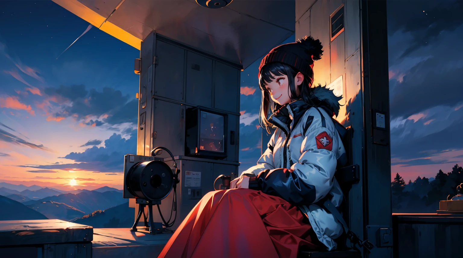 beautiful illustration, best quality, 1 girl, cute, shiny hair, black hair, (Observatory), panoramic view, down jacket, long skirt, sitting, (looking away), Before dawn, smile, outdoors, knit hat