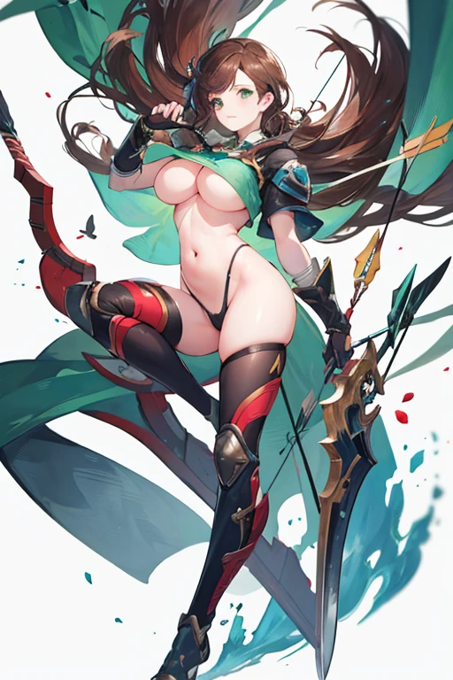 -arcana,arcana,Windranger anime style, solo, bow \(weapon\), weapon, 1girl, simple background, flower, long hair,, bug, green eyes, arrow \(projectile\), no humans, full bodyexposed belly, brown hair with red tips, short, (big )