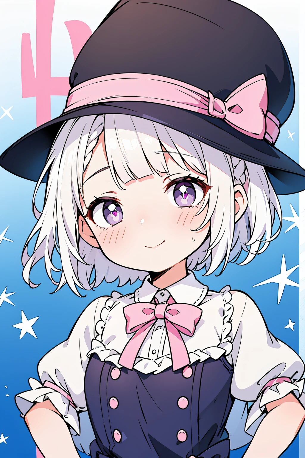 1 girl, Alone,natta,Hands in your pocketedora,Knitted dress) (((White hair with pink highlights,short detailed hair,Half bangs,Wearing a purple bow on the head))),perfect big green eyes, character design,((Pupils in pink color)),cute anime face, kawaii , stylized anime, Anime cute art style, 详细的脸,8K,k hd,little shy smile,Blushing with joy,Neat face, (tmasterpiece,Best quality at best,),{{{line art,flatcolors}}}