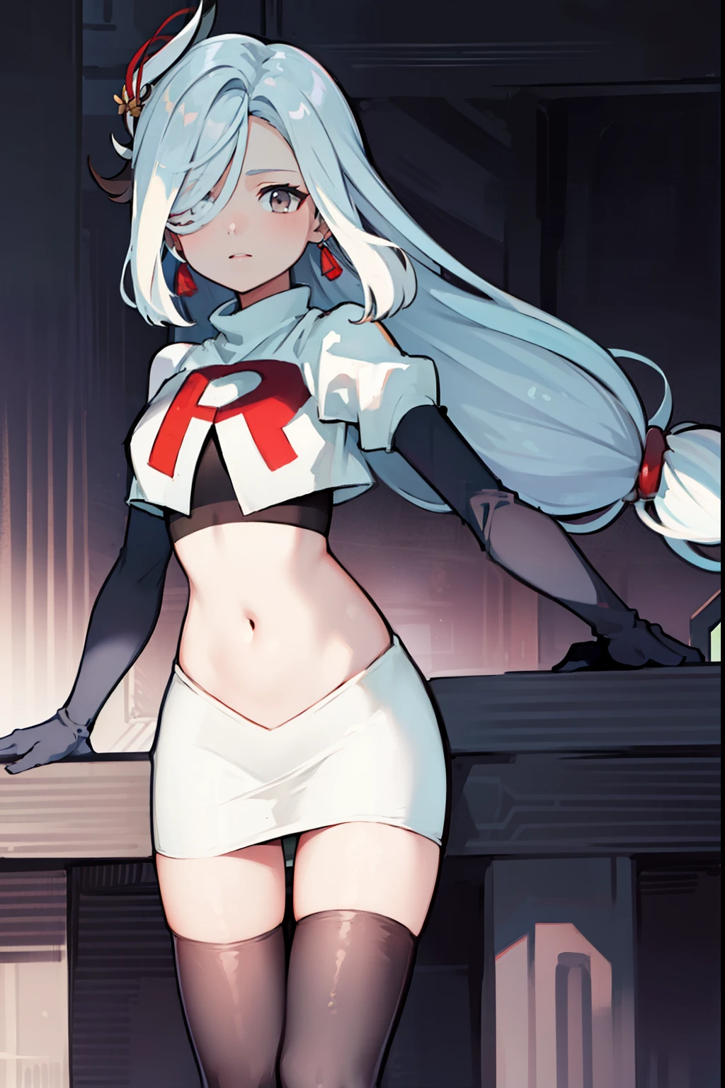 masterpiece, best quality, shenhe \(genshin impact\),hair over one eye, grey eyes, long hair, 1girl, solo, earrings, hair ornament, team rocket,team rocket uniform, red letter R, white skirt,white crop top,black thigh-highs,black elbow gloves