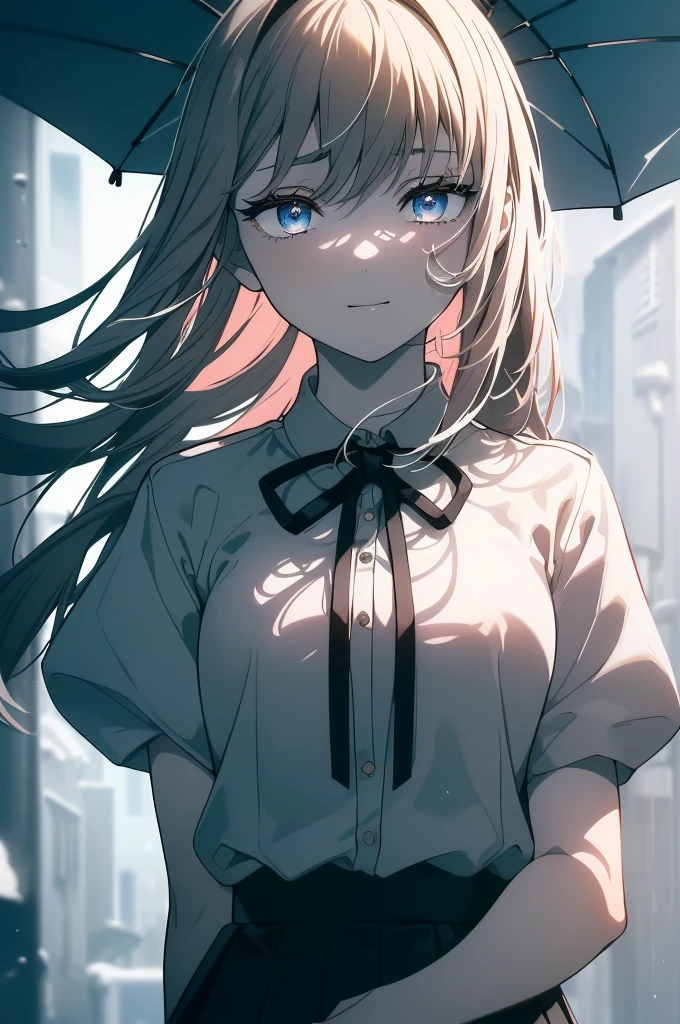 (masterpiece, best qualtiy, 超A high resolution), 1girl in, Standing, School uniform, white office shirt, Black pleated skirt, ((Light brown, Light brown hair:0.7), Long haircut, pale skin, ((blue Eyes)), blazing_Eyes, neon Eyes, (ultra detailed Eyes, beautiful and detailed face, detailed Eyes), ((Centered)), Smile, ((Wide Shot)), face to the viewer, Eye level, (blurry Background, bright snowy Background, Winters), flat-chest, Looking at Viewer, ((half closed Eyes)), ((Perfect hands)), (((Head, missiles, lower back, Elbows, In view))), ((hands behind back)), empty Eyes, Beautiful lighting, Outside, Outdoors, Background, defined subject, 25 years old,