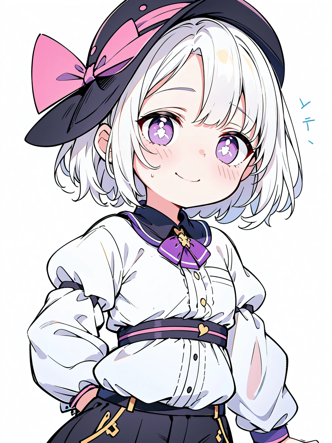 1 girl, Alone,natta,Hands in your pockets,black fedora hat,white shirt,white pantie,black leather belt),(((White hair with pink highlights,short detailed hair,Half bangs,Wearing a purple bow on the head))),Perfect big watery eyes, character design,((Pupils in pink color)),cute anime face, kawaii , stylized anime, Anime cute art style, 详细的脸,8K,k hd,little shy smile,Blushing with joy,Neat face, (tmasterpiece,Best quality at best,),{{{line art,flatcolors}}}