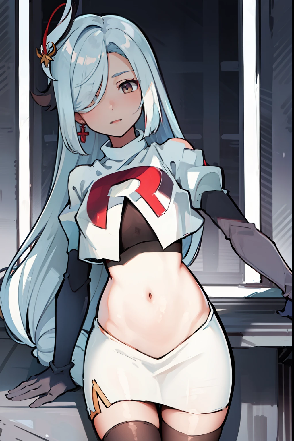 masterpiece, best quality, shenhe \(genshin impact\),hair over one eye, grey eyes, long hair, 1girl, solo, earrings, hair ornament, team rocket,team rocket uniform, red letter R, white skirt,white crop top,black thigh-highs,black elbow gloves