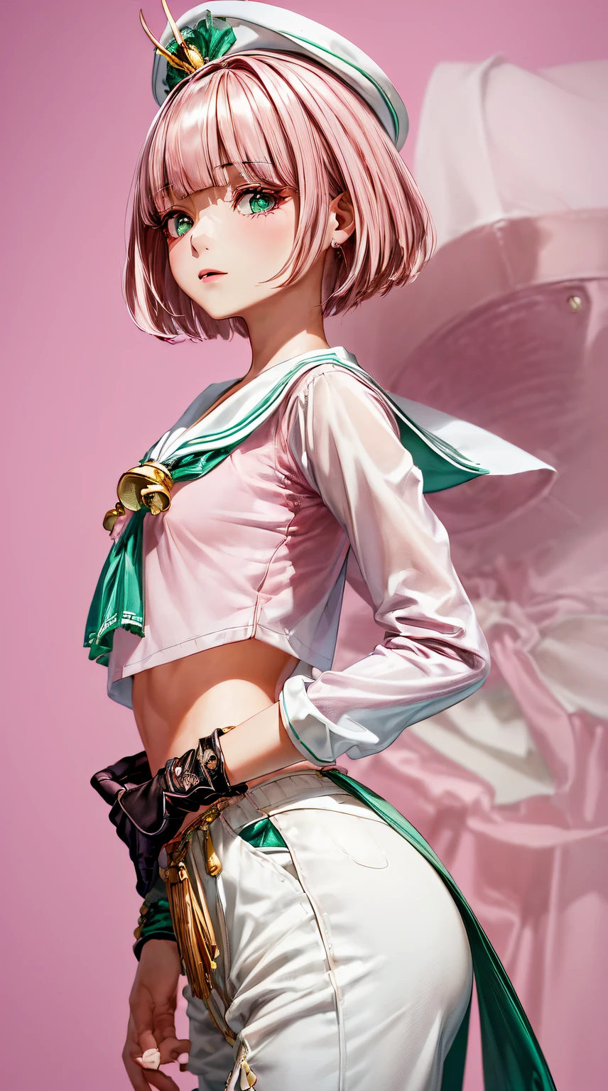 (((((with pink hair,Emerald Eyes Beautiful Valley,)))))(((Sailor's cap,Long Sleeve White Shirt,Flared pants,long black gloves))), (Geometric:1.1), ((1 girl,Mature girls,Alone,cow boy shot,))(tmasterpiece,Best quality at best, offcial art, Beautiful big breasts and big breasts aesthetic:1.2),(8K),((little breast)),Focus sharp,highdetailskin,Costume details are intricate,Delicate pupils,((((detailed头发|short detailed hair|bluntbangs,)))),Elongated,(tmasterpiece侧光),(The sheen),(beautiful hairl,美丽的The eye)((hip hop style background,bokeh:60mm)),((exceedingly_detailed_The eye_big breasts and big breasts_the face)),Movie Girl,Excellent quality