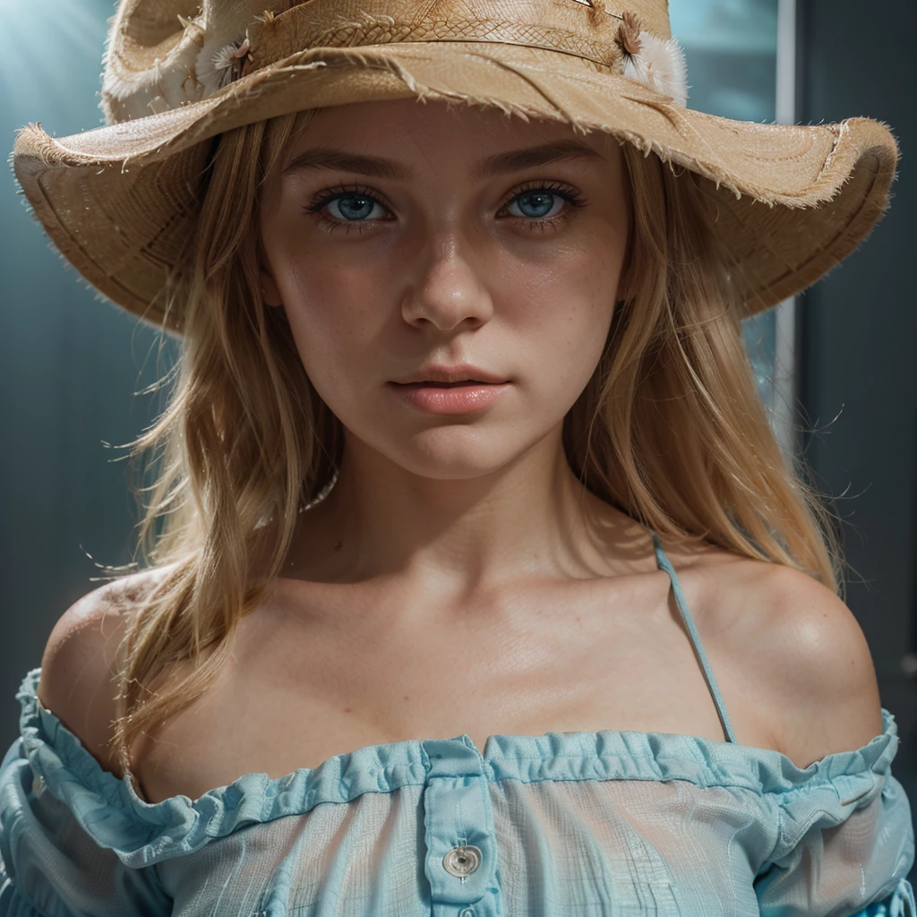 A beautiful cute blonde girl, hair bangs, cowboy hat, cyan eyes, ultra realistic soft skin, extreme detail, high masterpiece, 8k, photography, studio light, ultra realistic lighting, high realistic ray tracing, cowboy dress, RAW photo, photo studio, perfect detailed cute face, ager