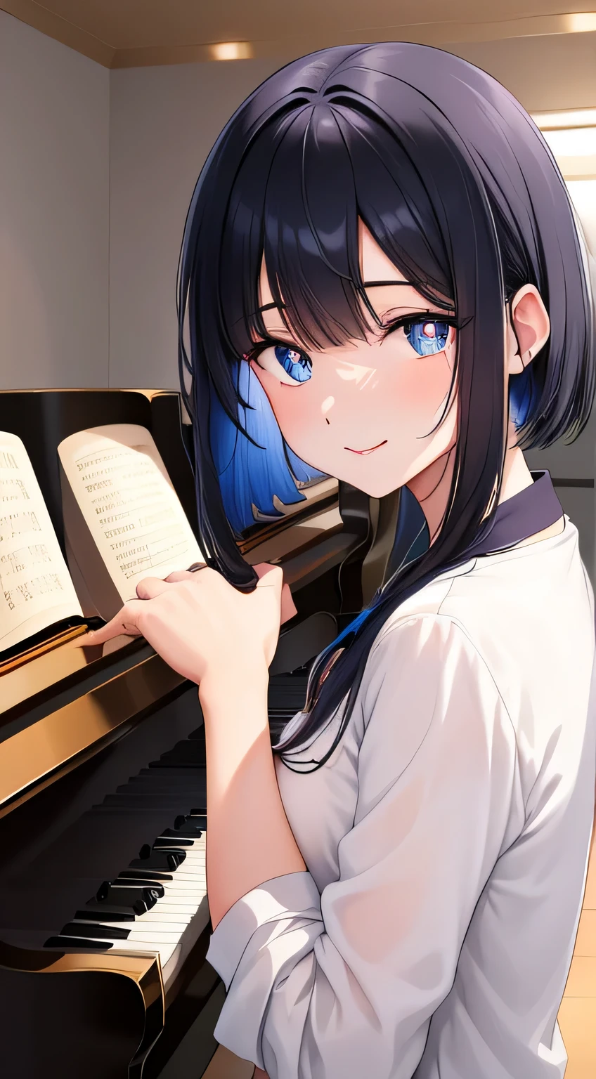 nagase nano, black hair, medium hair, with bangs, open forehead, sided hair, blue eyes, small breast, white and blue clothes, indoor, dark theatre, performing piano piece, grand piano, smiling, (masterpiece:1.2), best quality, high resolution, unity 8k wallpaper, (illustration:0.8), (beautiful detailed eyes:1.6), extremely detailed face, perfect lighting, extremely detailed CG, (perfect hands, perfect anatomy)