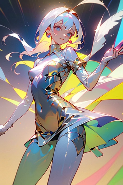 (Masterpiece: 1.5, Best quality, High resolution: 1.3, Super resolution, Super detailed, Ultra detailed: 1.3, Rich background: 1.2, 1 girl)) pale skin + white hair with multi-color highlights + thigh-length hair + eyes golden + slanted eyes + no hair on forehead + long eyelashes + full lips + soft thighs + medium chest + long legs + curvy body + toned body (intricate dress with turtleneck, fluffy white scarf hanging from her arms, leggings, intricate jewelry, glittrr) ((smile, feathers floating around, looking at the viewer, extending hand, multicolored fire figures in the background) (colors to use: white, pink, gold, lime green, light blue)