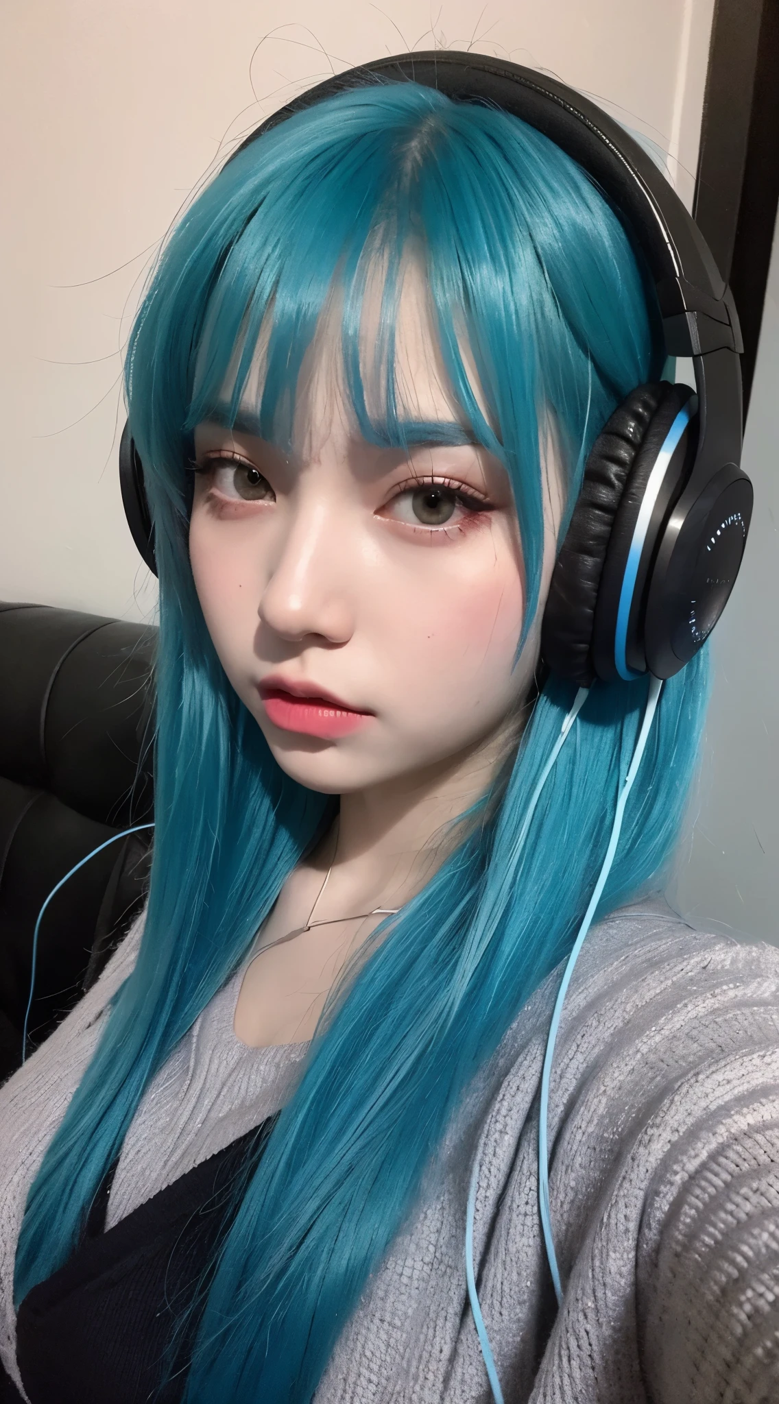 arafed woman with blue hair and headphones on sitting on a bed, a character portrait inspired by Elsa Bleda, reddit, hyperrealism, girl with blue hair, pretty girl with blue hair, beautiful blue haired girl, messy blue hair, with blue hair, blue hair, beautiful woman with blue hair, dreamy cyberpunk girl, short blue haired woman, blue hairs