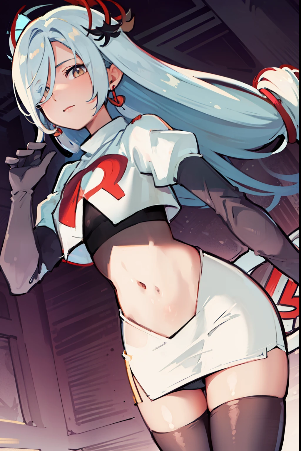 masterpiece, best quality, shenhe \(genshin impact\),hair over one eye, grey eyes, long hair, 1girl, solo, earrings, hair ornament, team rocket,team rocket uniform, red letter R, white skirt,white crop top,black thigh-highs,black elbow gloves