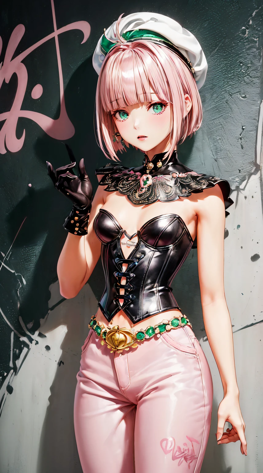 (((((with pink hair,Emerald Eyes Beautiful Valley,)))))(((white beret,black corset,Flared pants,long black gloves))), (Geometric:1.1), ((1 girl,Mature girls,Alone,cow boy shot,))(tmasterpiece,Best quality at best, offcial art, Beautiful big breasts and big breasts aesthetic:1.2),(8K),((little breast)),Focus sharp,highdetailskin,Costume details are intricate,Delicate pupils,((((detailed头发|short detailed hair|bluntbangs,)))),Elongated,(tmasterpiece侧光),(The sheen),(beautiful hairl,漂亮的The eye),((graffiti wall background)),((exceedingly_detailed_The eye_big breasts and big breasts_the face)),Movie Girl,Excellent quality