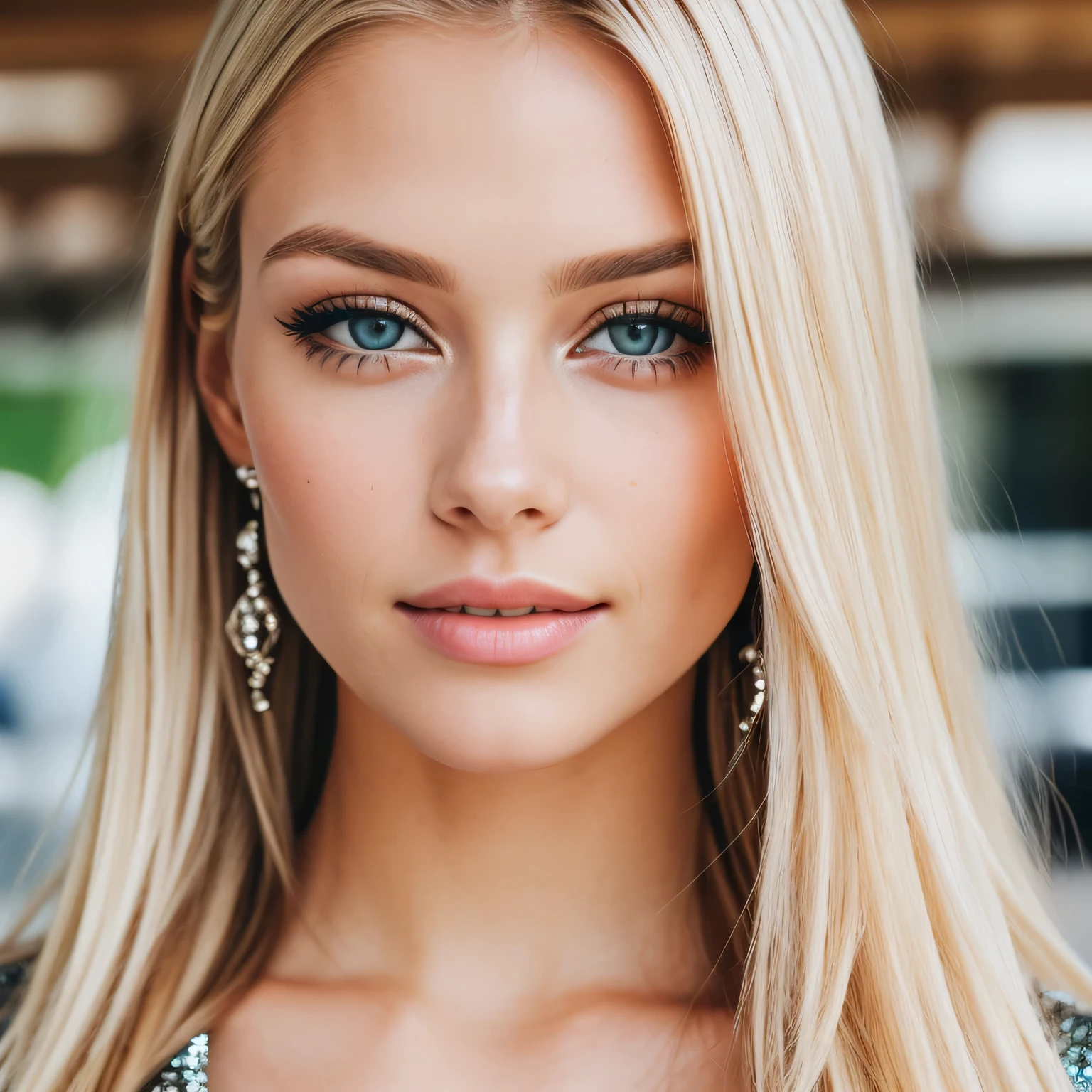 picture of a 24-year-old blonde and stunning blue-eyed woman sitting at a hip lunch place eating a healthy looking green salad, she is wearing an elegant white blouse, Chanel earrings, her right hand is busy putting her hair behind her ear,, RAW UHD, details (textures! , hair! , glitter, color!! , disadvantages: 1.1), glossy eyes with high detail (looking at the camera), SLR lighting, SLR camera, ultra-quality, sharpness, depth of field, film grain (center), Fujifilm XT3, crystal clear, frame center, beautiful face, sharp focus, detailed skin pores, oily skin, complex eye details, full body, large breasts, very long hair, the picture is taken from the front you can see her entire upper body and the salad in front of her