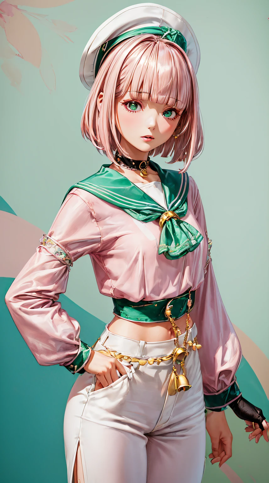 (((((with pink hair,Emerald Eyes Beautiful Valley,)))))(((Sailor's cap,Long Sleeve White Shirt,Flared pants,long black gloves))), (Geometric:1.1), ((1 girl,Mature girls,Alone,cow boy shot,))(tmasterpiece,Best quality at best, offcial art, Beautiful big breasts and big breasts aesthetic:1.2),(8K),((little breast)),Focus sharp,highdetailskin,Costume details are intricate,Delicate pupils,((((detailed头发|short detailed hair|bluntbangs,)))),Elongated,(tmasterpiece侧光),(The sheen),(beautiful hairl,美丽的The eye)((hip hop style,mural wall)),((exceedingly_detailed_The eye_big breasts and big breasts_the face)),Movie Girl,Excellent quality