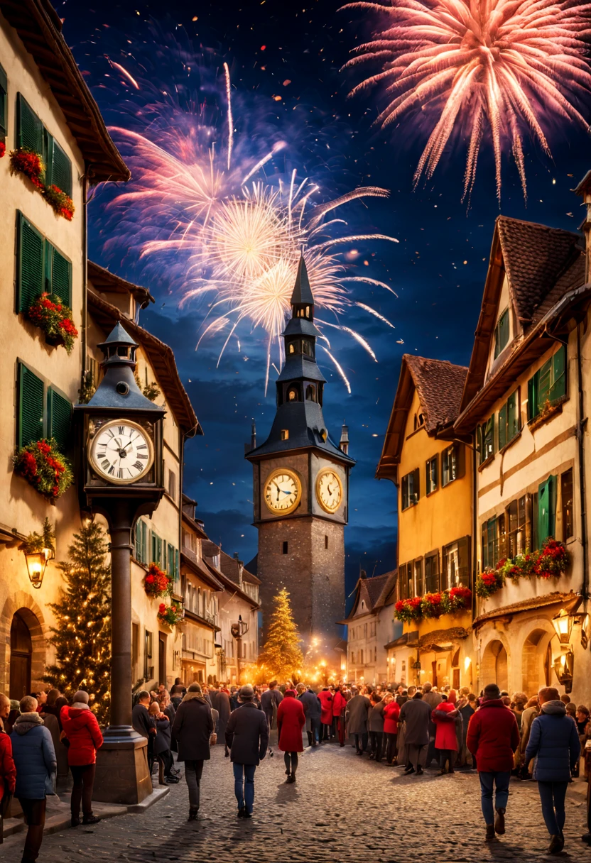 New Year's Eve celebration in a quaint European village square, fireworks bursting in starry sky, cobblestone streets, revelers in festive attire, ancient clock tower striking midnight, (warm glowing lights:1.2) (vibrant colors) (high detail) (photorealistic) (wide angle)