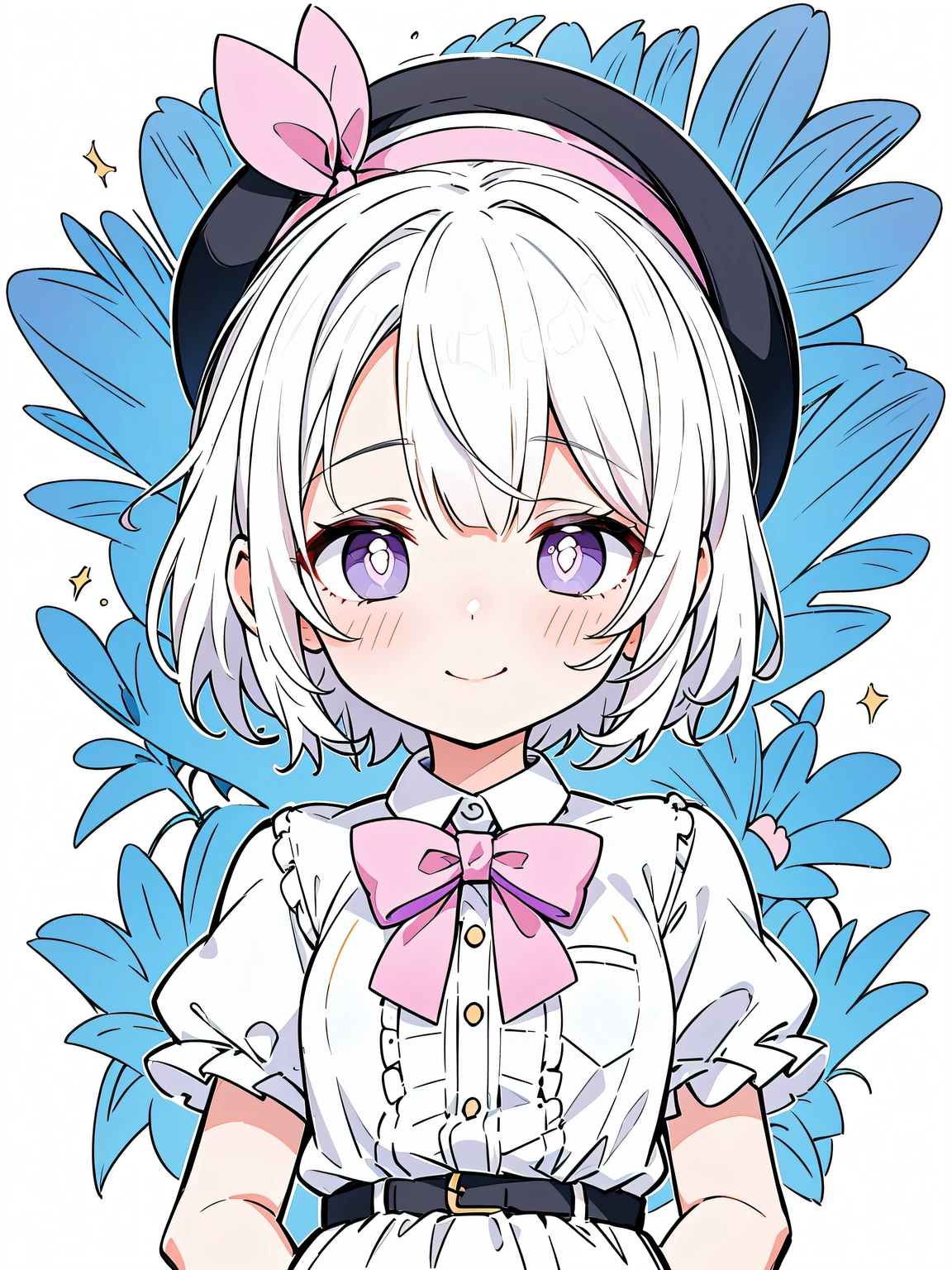 1 girl, Alone,natta,Hands in your pockets,black fedora hat,white  shirt,white pantie,black leather belt),(((White hair with pink highlights,short detailed hair,Half bangs,Wearing a purple bow on the head))),Perfect big watery eyes, character  design,((Pupils in pink color)),cute anime face, kawaii , stylized anime, Anime cute art style, 详细的脸,8K,k hd,little shy smile,Blushing with joy,Neat face, (tmasterpiece,Best quality at best,),{{{line art,flatcolors}}}