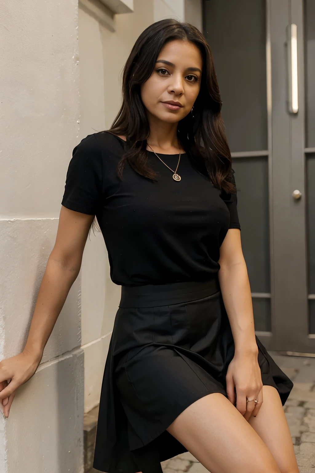 43-year-old woman, Latina, dressed in a black knee-length skirt, for social networks