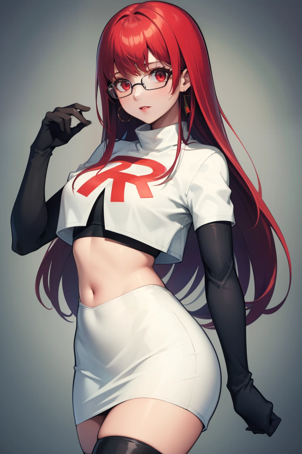 Yoshizawa Sumire, red hair ,long hair, glasses, straight hair, red eyes ,glossy lips, light makeup, eye shadow, earrings ,team rocket,team rocket uniform, red letter R, white skirt,white crop top,black thigh-high boots, black elbow gloves,