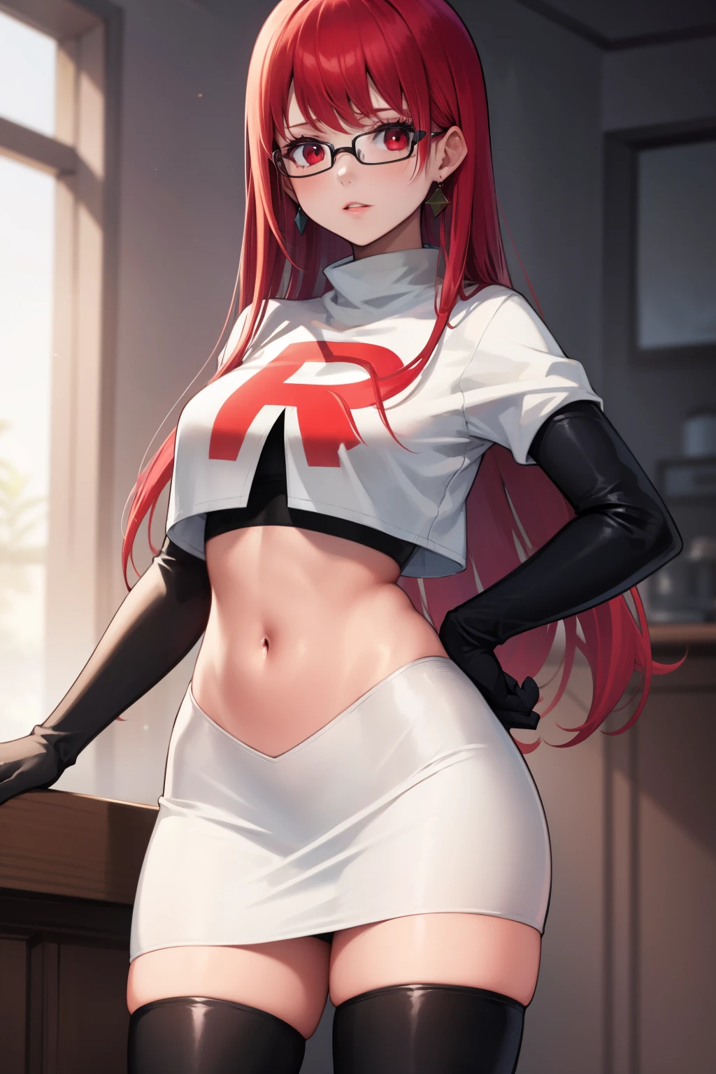 Yoshizawa Sumire, red hair ,long hair, glasses, straight hair, red eyes ,glossy lips, light makeup, eye shadow, earrings ,team rocket,team rocket uniform, red letter R, white skirt,white crop top,black thigh-high boots, black elbow gloves,