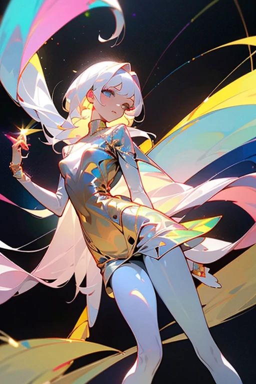 (Masterpiece: 1.5, Best quality, High resolution: 1.3, Super resolution, Super detailed, Ultra detailed: 1.3, Rich background: 1.2, 1 girl)) pale skin + white hair with multi-color highlights + thigh-length hair + eyes golden + slanted eyes + no hair on forehead + long eyelashes + full lips + soft thighs + medium chest + long legs + curvy body + toned body (intricate dress with turtleneck, fluffy white scarf hanging from her arms, leggings, intricate jewelry, glitter, high boots) ((smile, feathers floating around, looking at the viewer, extending hand holding a golden rapier, multicolored fire figures in the background) (colors to use: white, pink, gold, lime green, sky blue)