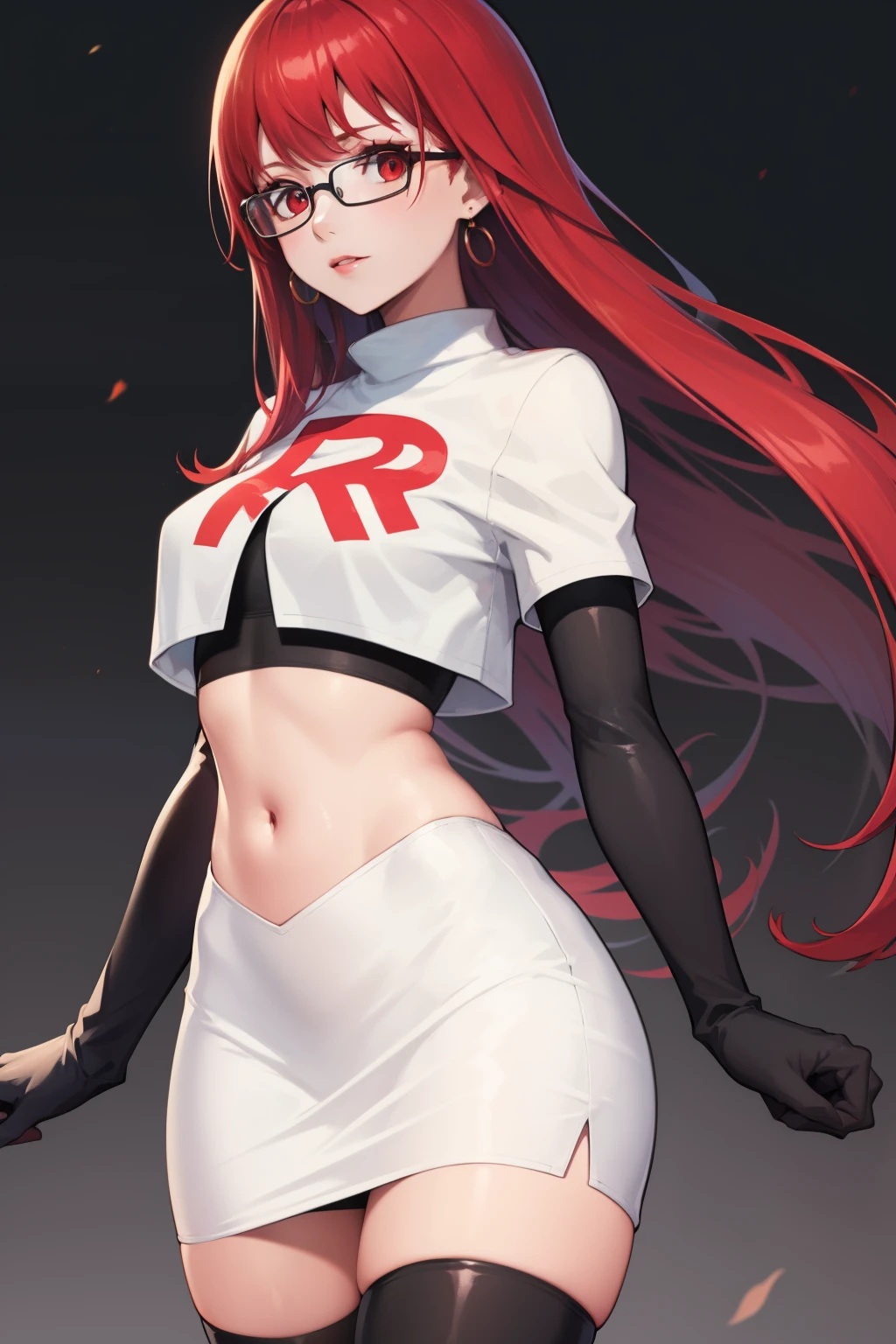 Yoshizawa Sumire, red hair ,long hair, glasses, straight hair, red eyes ,glossy lips, light makeup, eye shadow, earrings ,team rocket,team rocket uniform, red letter R, white skirt,white crop top,black thigh-high boots, black elbow gloves,