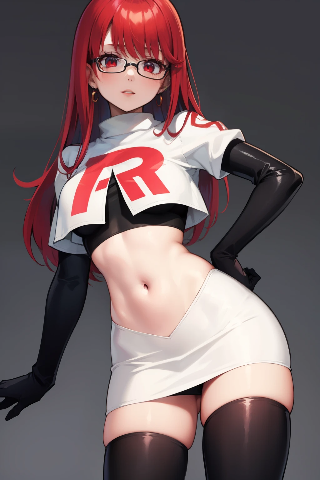 Yoshizawa Sumire, red hair ,long hair, glasses, straight hair, red eyes ,glossy lips, light makeup, eye shadow, earrings ,team rocket,team rocket uniform, red letter R, white skirt,white crop top,black thigh-high boots, black elbow gloves,