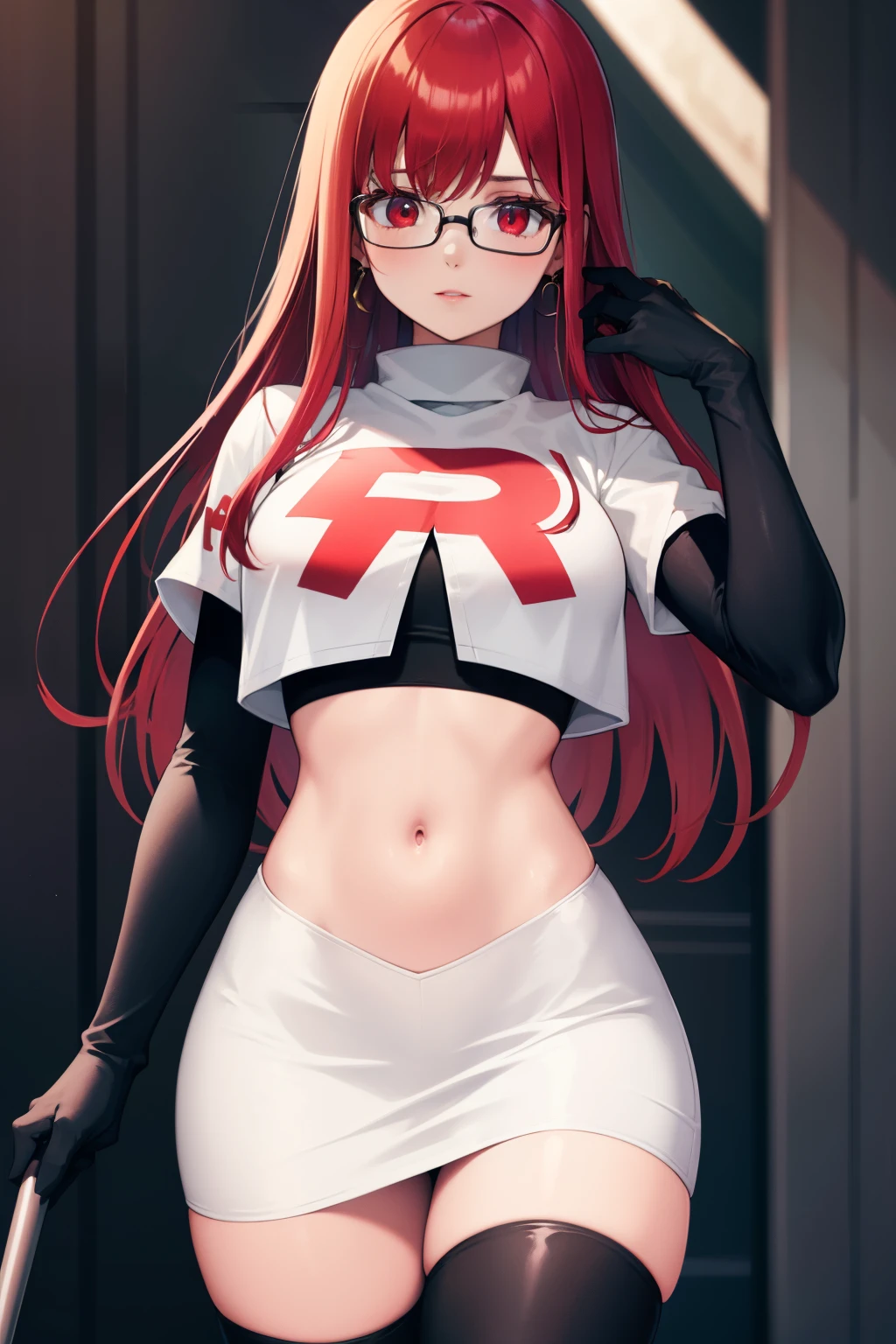 Yoshizawa Sumire, red hair ,long hair, glasses, straight hair, red eyes ,glossy lips, light makeup, eye shadow, earrings ,team rocket,team rocket uniform, red letter R, white skirt,white crop top,black thigh-high boots, black elbow gloves,