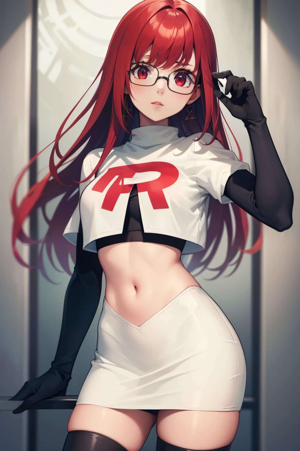 Yoshizawa Sumire, red hair ,long hair, glasses, straight hair, red eyes ,glossy lips, light makeup, eye shadow, earrings ,team rocket,team rocket uniform, red letter R, white skirt,white crop top,black thigh-high boots, black elbow gloves,