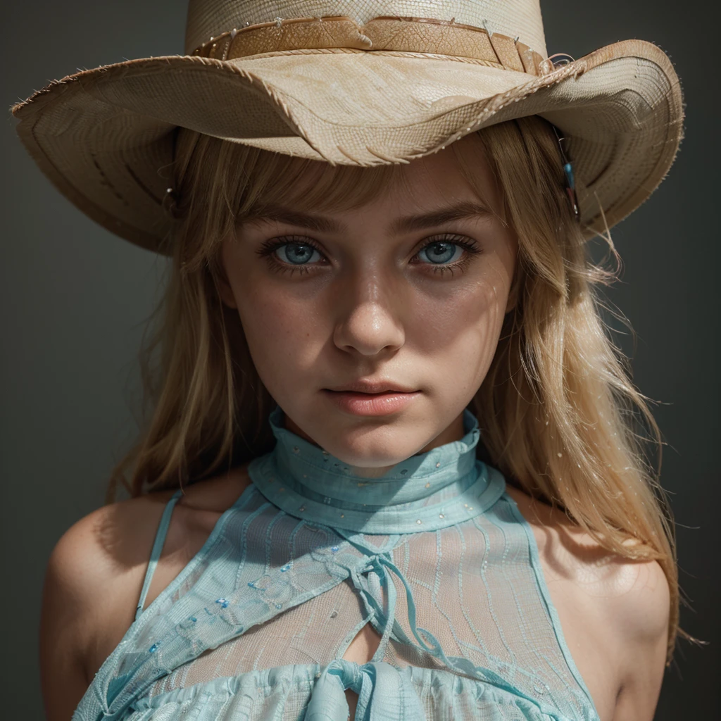 A beautiful cute blonde girl, hair bangs, cowboy hat, cyan eyes, ultra realistic soft skin, extreme detail, high masterpiece, 8k, photography, studio light, ultra realistic lighting, high realistic ray tracing, cowboy dress, RAW photo, photo studio, perfect detailed cute face, teenager