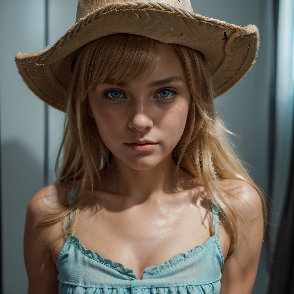 A beautiful cute blonde girl, hair bangs, cowboy hat, cyan eyes, ultra realistic soft skin, extreme detail, high masterpiece, 8k, photography, studio light, ultra realistic lighting, high realistic ray tracing, cowboy dress, RAW photo, photo studio, perfect detailed cute face, ager