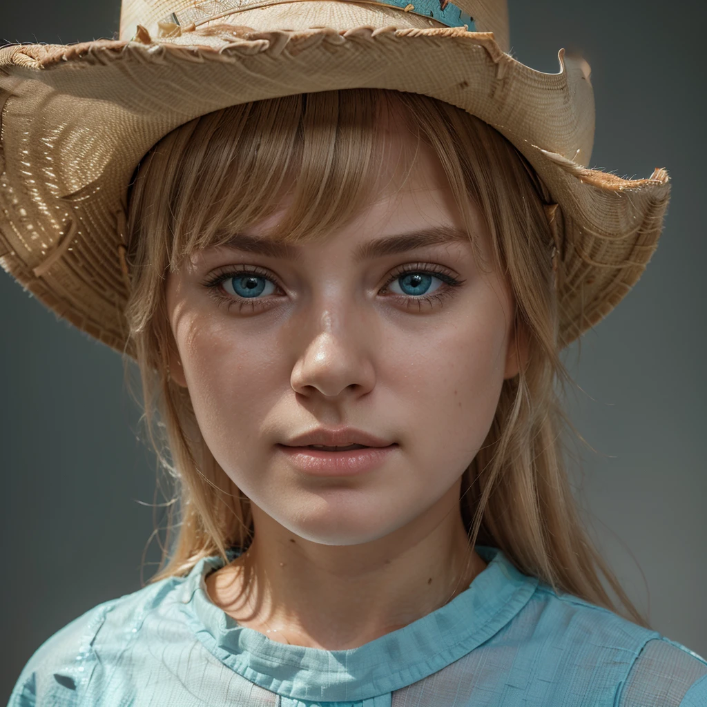 A beautiful cute blonde girl, hair bangs, cowboy hat, cyan eyes, ultra realistic soft skin, extreme detail, high masterpiece, 8k, photography, studio light, ultra realistic lighting, high realistic ray tracing, cowboy dress, RAW photo, photo studio, perfect detailed cute face, teenager