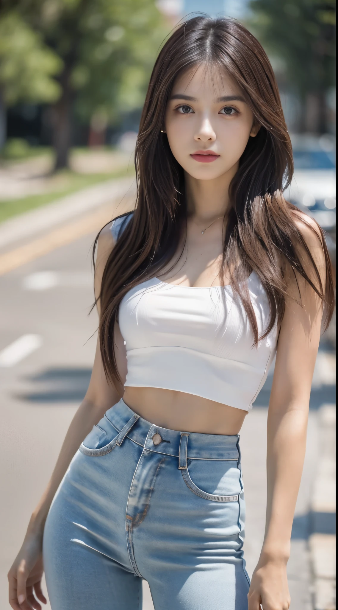 Obra maestra, La mejor calidad, ultra-high resolution, Foto de alto detalle, Unidad 8K Fondo de pantalla, CG extremadamente detallado:1.2),(Foto RAW:1.realistic photography:1.4), 1girll , joven, physically based representation, beautiful, (Cara finamente detallada:1.4, Ropa detallada), (Detallado:1.4) Cara hermosa, Profundidad de campo, Agregar capa, hiperrealista, 27 years old, Modelo de cuerpo perfecto, senos perfectos, 175cm de altura, pose sexy, cuerpo completo, Tipo de cuerpo del modelo, crop top, legging, Cabello largo, Eimi Fukada, doble parpado, depth of field, bokeh