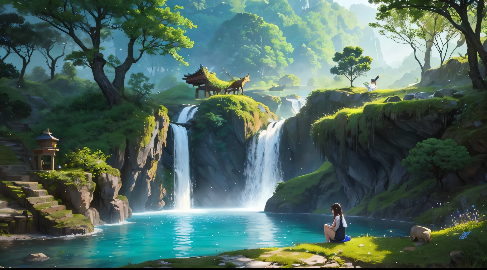 Girl sit on top of hill sad and alone under rain at night, Chinese ancient times, spring, jungle, lake, cave, waterfall, tree, meadow, rock, deer, hot spring, water vapor, (illustration: 1.0), epic composition, realistic lighting, HD details, masterpiece, best quality, (very detailed CG unified 8k wallpaper) camera close up on girl