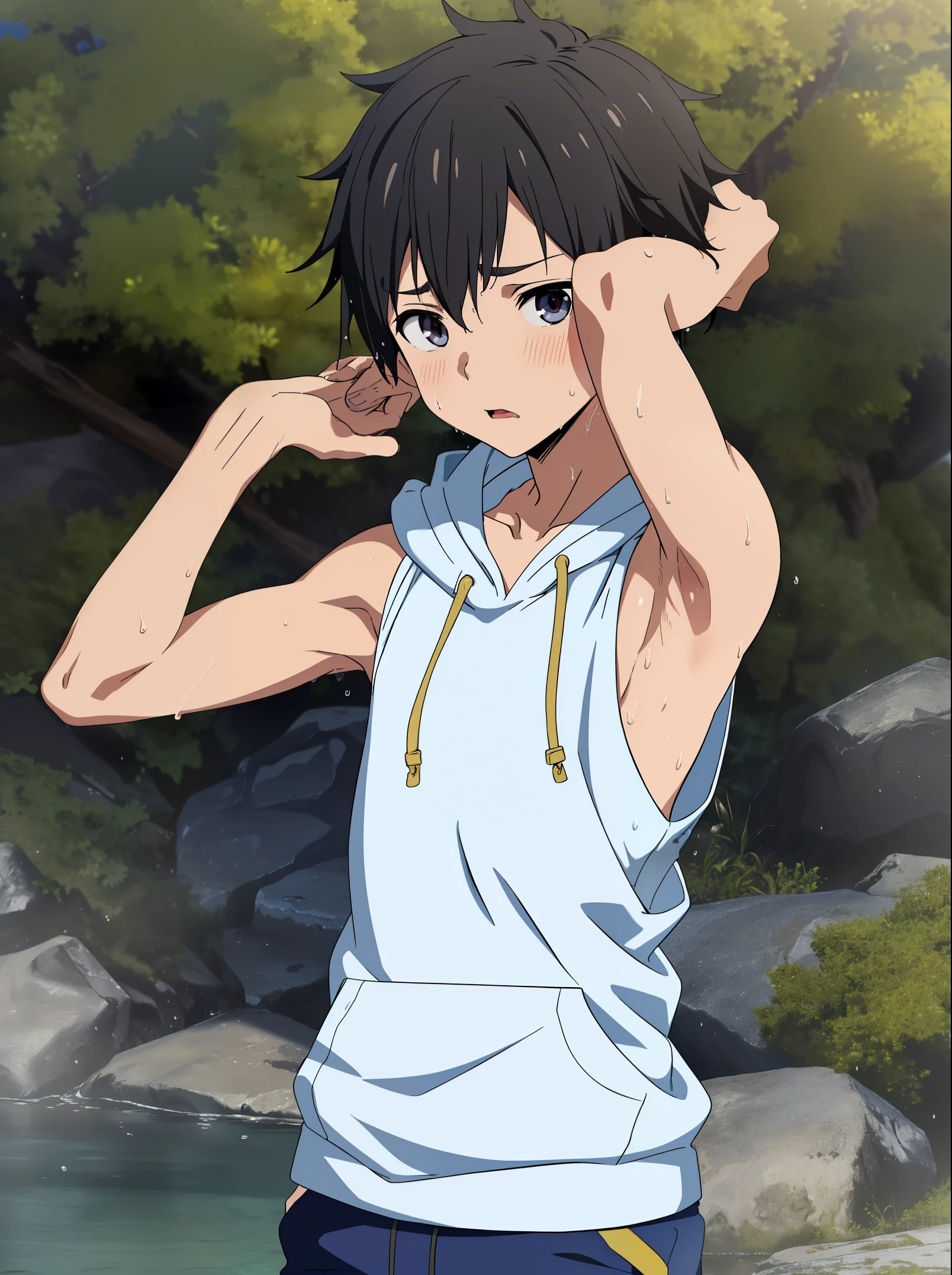 Anime style, Highres, Masterpiece, Best quality at best,Best Quality,hight quality, hight detailed, 1boy, (little boys), (Wet armpit), sweating, shota, outdoors, Sleeveless hoodie, seductive face, cute boy, upper body, slim body, (very small and short stature), (very young boy), (very small and short body)