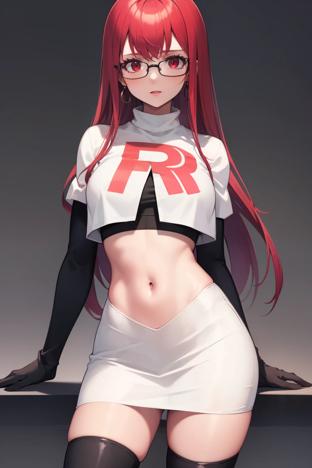 Yoshizawa Sumire, red hair ,long hair, glasses, straight hair, red eyes ,glossy lips, light makeup, eye shadow, earrings ,team rocket,team rocket uniform, red letter R, white skirt,white crop top,black thigh-high boots, black elbow gloves,