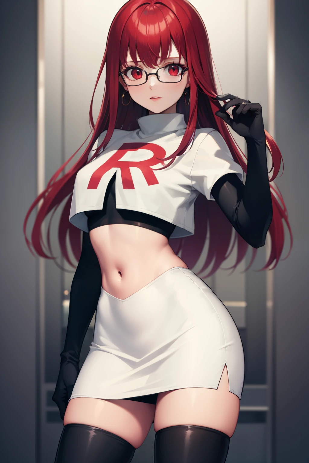 Yoshizawa Sumire, red hair ,long hair, glasses, straight hair, red eyes ,glossy lips, light makeup, eye shadow, earrings ,team rocket,team rocket uniform, red letter R, white skirt,white crop top,black thigh-high boots, black elbow gloves,