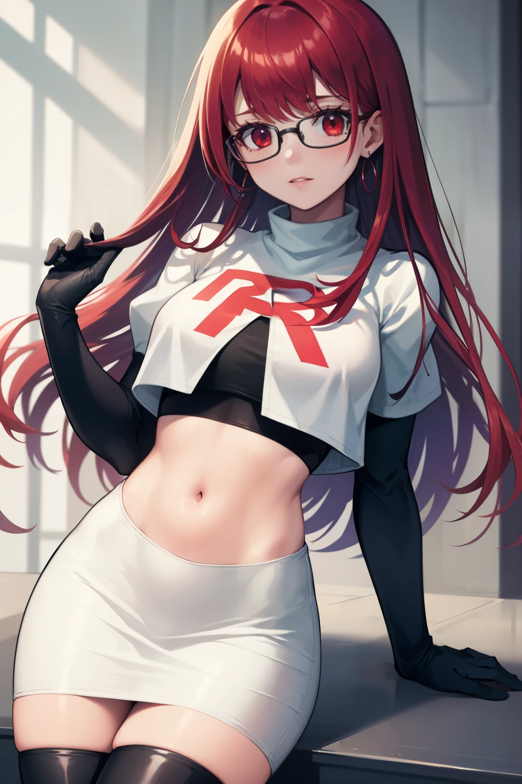 Yoshizawa Sumire, red hair ,long hair, glasses, straight hair, red eyes ,glossy lips, light makeup, eye shadow, earrings ,team rocket,team rocket uniform, red letter R, white skirt,white crop top,black thigh-high boots, black elbow gloves,