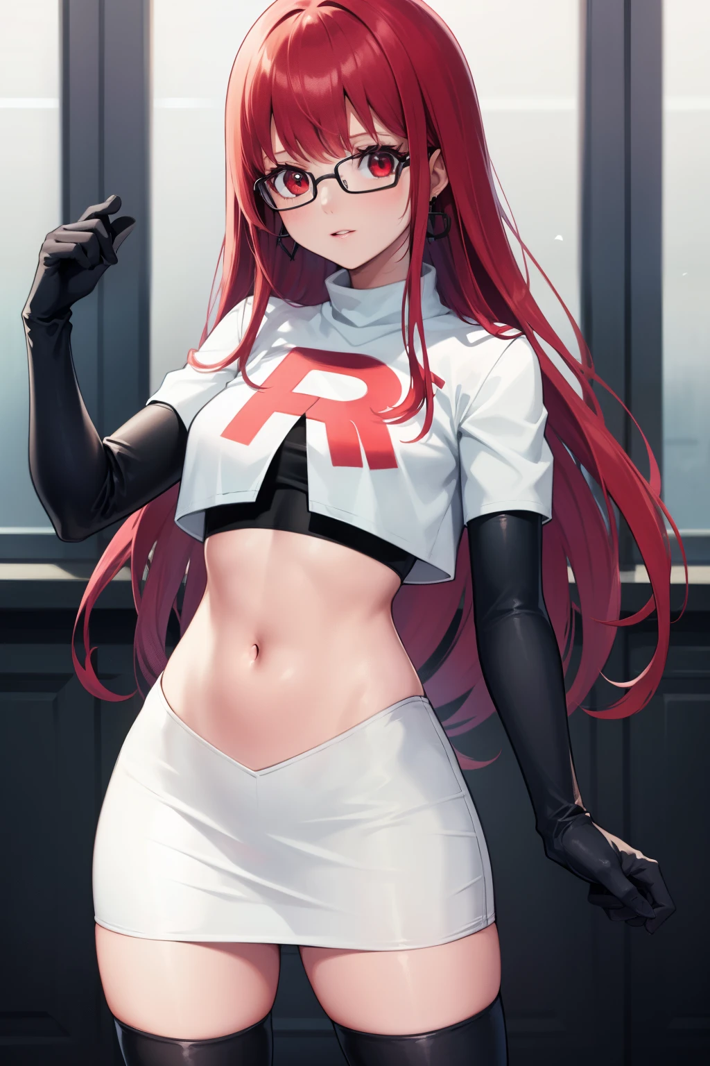 Yoshizawa Sumire, red hair ,long hair, glasses, straight hair, red eyes ,glossy lips, light makeup, eye shadow, earrings ,team rocket,team rocket uniform, red letter R, white skirt,white crop top,black thigh-high boots, black elbow gloves,