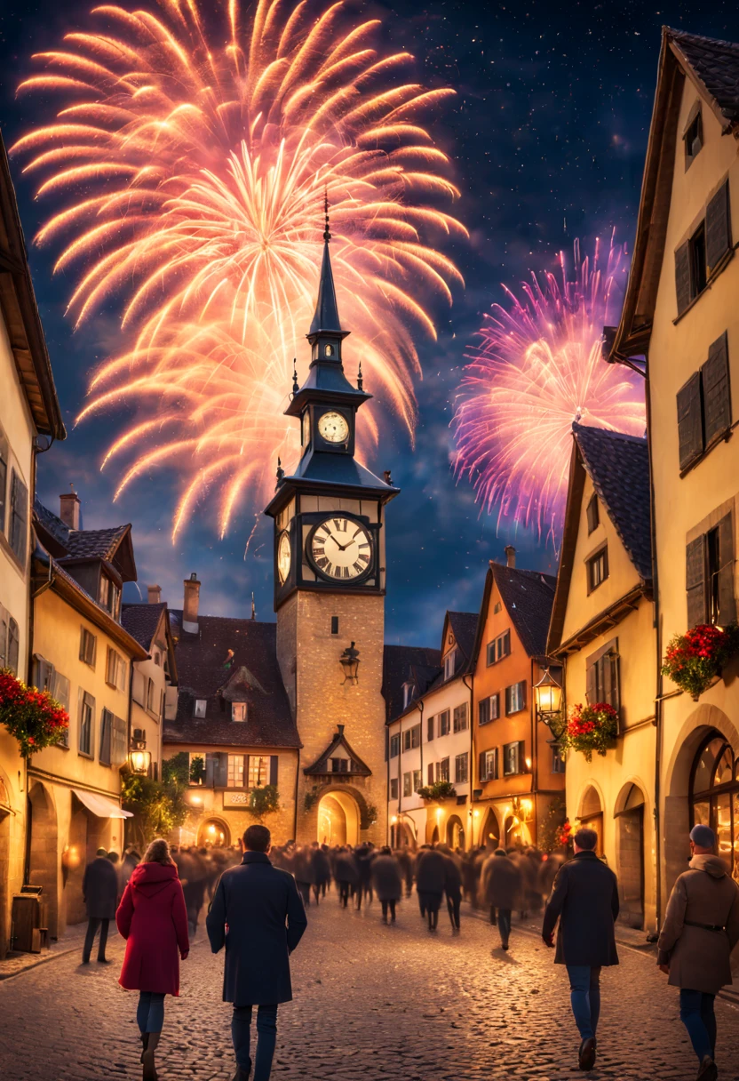New Year's Eve celebration in a quaint European village square, fireworks bursting in starry sky, cobblestone streets, revelers in festive attire, ancient clock tower striking midnight, (warm glowing lights:1.2) (vibrant colors) (high detail) (photorealistic) (wide angle)