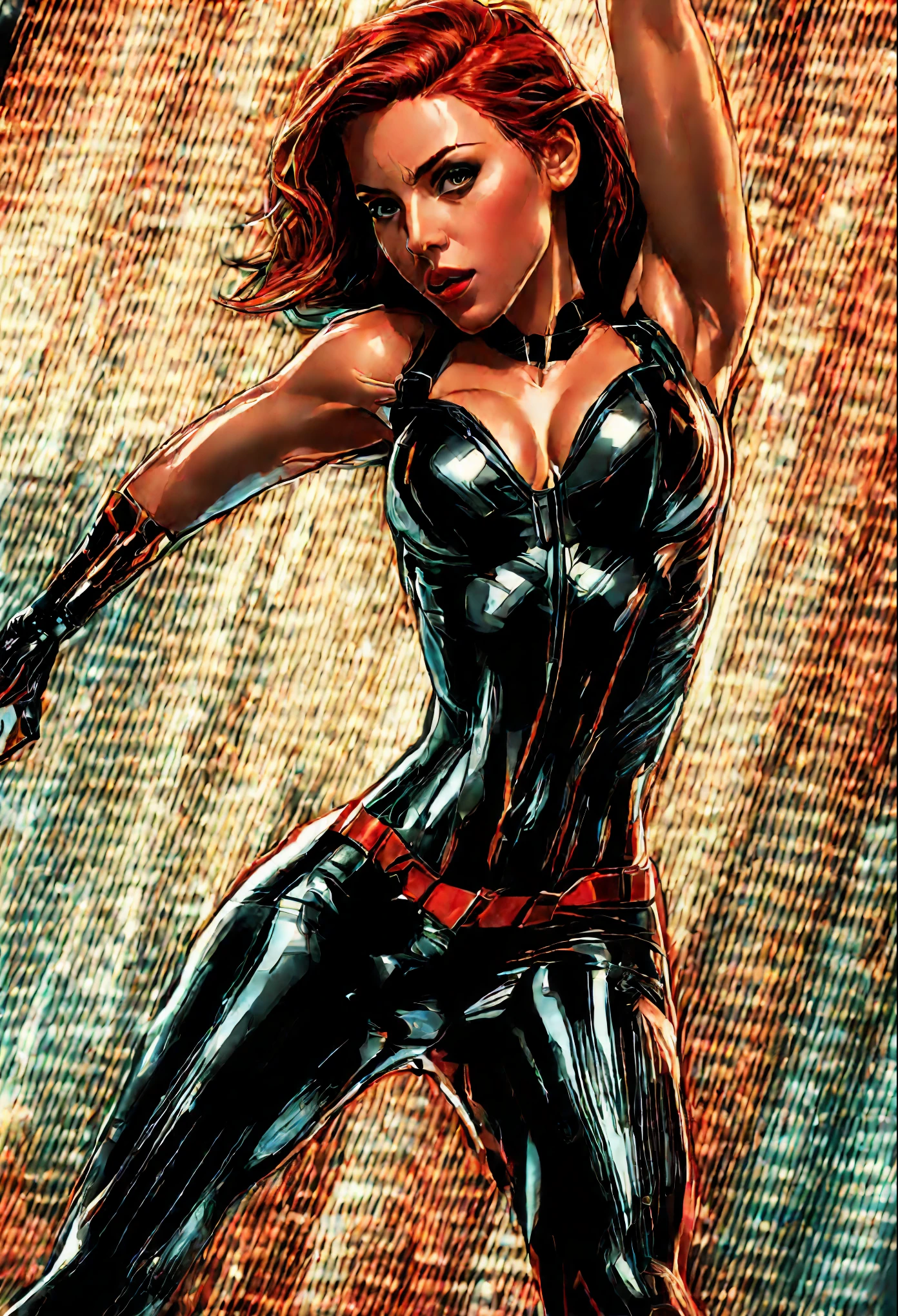 Scarlet Johansson as Black Widow, fully nude, sitting on a desk seducively, running her fingers through hair, Cyberpunk, cinematic lightning, dynamic environment, dynamic pose, looking at the camera, seductive eyes