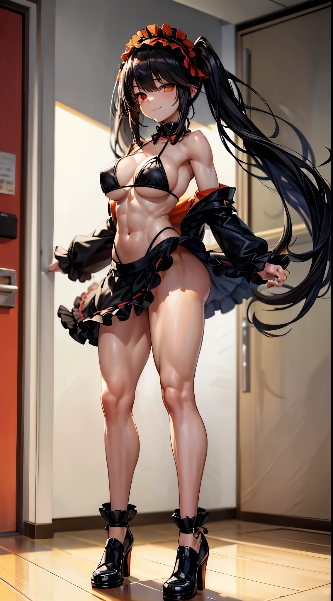 1 girl, bare shoulders, black hair, medium breasts, (muscular legs), bare legs, muscular belly, wide hips, thin waist, (((clock eyes))), (wearing a very short and sexy bikini), finger to the mouth, ( ((in the motel room))), full body, headband, (with her back to me showing me her big ass), (standing), heterochromia, index finger raised, black high heel shoes, ta hair band, long hair, Looking at the Viewer, red eyes, smiling, Lonely, symbol-shaped pupils, (Kurumi tokisaki), (twintails), yellow eyes,